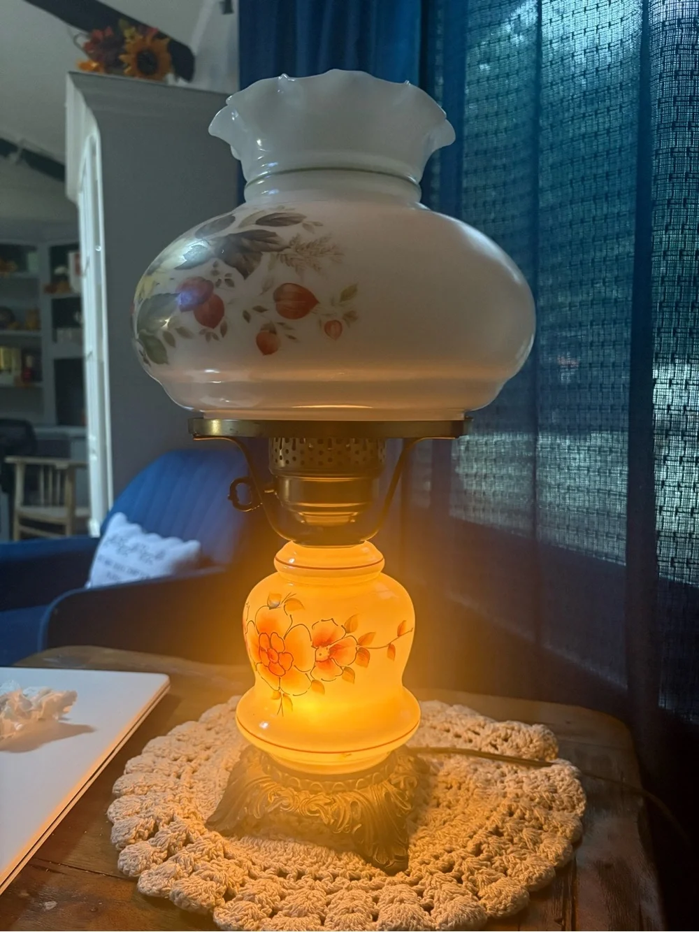 Floral Glass Hurricane Table Lamp - White with Multicolor Flowers